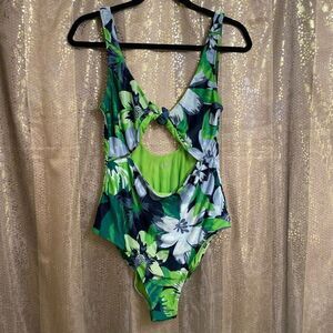 Aerie Green Blue Tropical‎ Floral Knot Front Cutout One Piece Swimsuit Medium